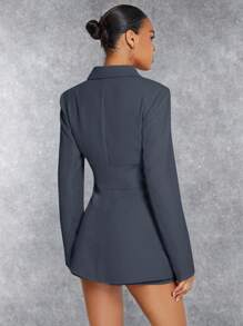 SHEIN BAE Women Spring Autumn Solid Color Lapel Long Sleeve Blazer Jacket And Shorts Elegant Suit Set  In Fall/Winter - Dark Grey - View 2