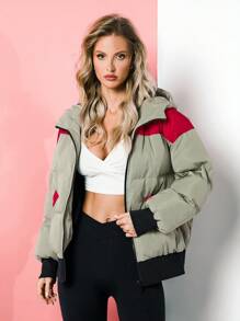 VARSITIE Contrast Printed Hooded Long Sleeves With Threaded Stitching Women Sports Winter Coats - Green - View 1