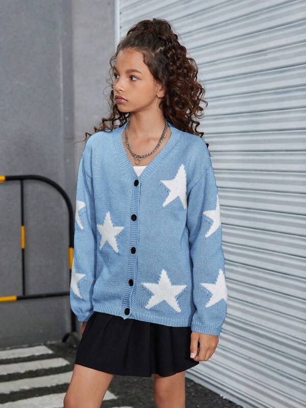 SHEIN Suéter tipo cárdigan de manga larga con hombros caídos, de corte holgado y estampado de estrella, para niña preadolescente, para otoño e invierno