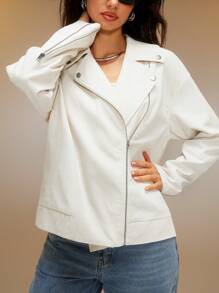 SHEIN Unity 1pc Women's Solid Color Zip Up Long Sleeve Casual Jacket - White - View 4