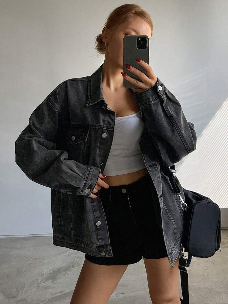 Women's Loose Fit Lapel Pocket Decorated Long Sleeve Denim Jacket Fall/Winter