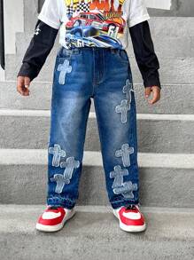 Quần Jeans Denim Xanh Mid-Wash Thêu Nhiều Đường Chỉ May Thời Trang Cho Bé Trai (Nhỏ) - Rửa trung bình - Xem 4