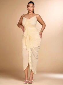 SHEIN BAE Plus Size Women Wrap Ruched Bust Elegant Dress With Flounces - Apricot - View 3