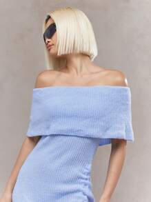 MISSGUIDED Off Shoulder Ribbed Knit Mini Dress With Ruched Side Detail Winter Fall Cozy Party Club Sweater Dress - Navy Blue - View 3