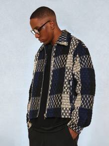 SUMWON Textured Boxy Jacket Knit Winter Holiday Geometric Pattern Zip Front Casual Vintage Style Retro Fashion Classic Checkered College - Yellow - View 2