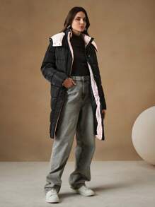 Anewsta 女士中长款可拆卸撞色连帽厚垫大衣 - 黑色 - 查看 3