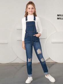 Tween Girl Ripped Denim Overalls Without Tee - Dark Wash - View 5