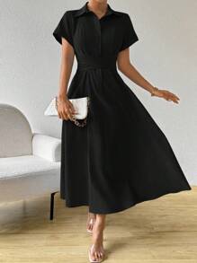 SHEIN Clasi Đầm Maxi Tay Ngắn Màu Trơn Đơn Giản Thường Ngày Có Thắt Lưng Cho Nữ - màu đen - Xem 3