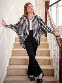 SHEIN 1pc Girls' Loose Fit Houndstooth Batwing Formal Jacket, Autumn - Black and White - View 6