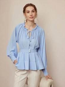 MOTF PREMIUM FRILL TIE NECK LANTERN SLEEVE FOLD PLEATED PEPLUM TOP - Blue - View 15