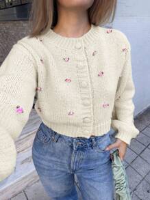 Forever 21 新款秋冬圆领提花针织短开衫 - 杏色 - 查看 10