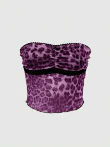INAWLY Women Sexy Leopard Lace Sheer Printed Blouse - Purple - View 5