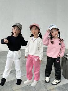 SHEIN 3pcs Young Girls Casual Comfy Digital & Letter Print Thermal Lined Elastic Waist Pants, Pink/White/Black, For Daily, Work, Sports, Spring Autumn - Multicolor - View 1