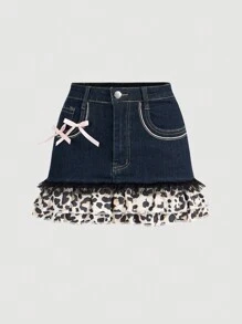 SHEIN MOD Women's Denim Mini Skirt With Butterfly Accent And Ruffles Hem In Leopard Print - Multicolor - View 1