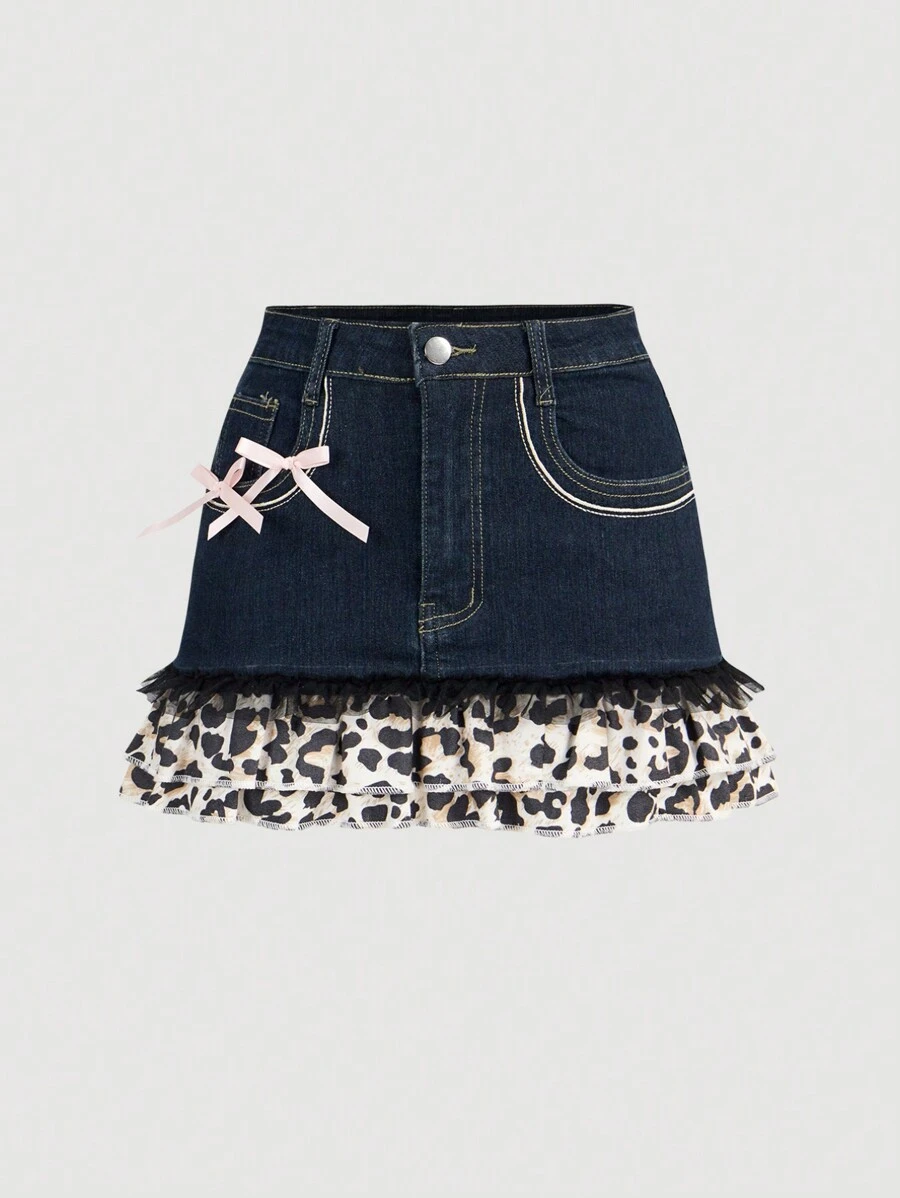 SHEIN MOD Women's Denim Mini Skirt With Butterfly Accent And Ruffles Hem In Leopard Print - Multicolor - View 1
