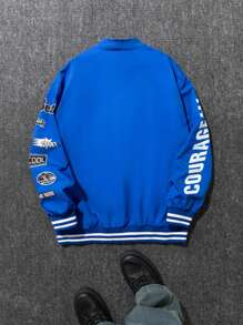 SHEIN 青少年男孩以赛车摩托车为主题的徽章采用鲜艳的蓝色夹克，适合秋季和冬季。它专为保暖而设计，非常适合休闲、居家和运动穿着。这款多功能简约的保暖内衬夹克具有防风功能，非常适合生日派对和郊游。 - 藍色 - 查看 2