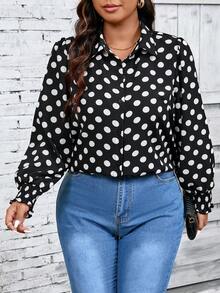 SHEIN LUNE 大码正面纽扣长袖波尔卡圆点全印花休闲衬衫 - 黑與白 - 查看 5