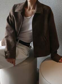 DAZY Women's Loose Zipper, Stand Collar Pockets Regular Jacket,Fall Women Clothes Leather Jacket Women Coats - Brown - View 5