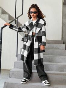 Tween Girl Black And White Check Buffalo Plaid Print Waterfall Collar Long Overcoat,Suitable For Travel, School, Daily Gatherings, Autumn And Winter - Black and White - View 3