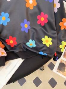 SHEIN Áo thun dài tay có mũ trùm đầu hoa cơ bản của cô gái Tween - màu đen - Xem 5