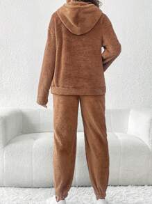 SHEIN Maternity Clothes 2pcs Maternity Solid Color Hoodie And Pants Set For Casual Everyday Wear - Camel - View 2