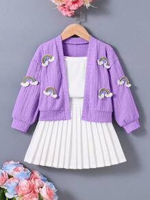 SHEIN 2 piezas Conjunto de chaqueta azul arcoíris colorida + falda plisada para niñas, vuelta al colegio - Morado - Ver 3
