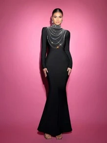 Glamrae Elegant Black Long-Sleeved Stand-Up Collar Shoulder Pad Ornate Curved Rhinestone Backless Mermaid Hem Shaping Bandage Formal Evening Dress,Prom Gown - Black - View 7