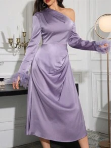 Modelyn Women's Long Sleeve Open Shoulder Dress With Real Turkey Feather Patching - Dusty Purple - View 3