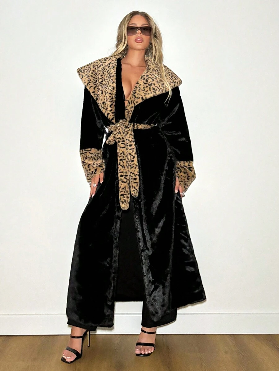 SHEIN ICON Leopard Print Lapel Patchwork Extra Long Fluffy Coat - Black - View 1