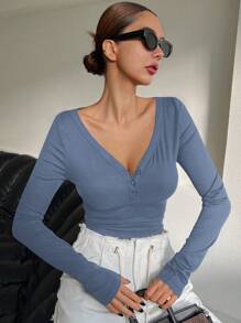 DAZY V-Neck Partial Button Closure Curved Hem Fitted Long Sleeve Women's Tee,Fall Women Clothes - Dusty Blue - View 5