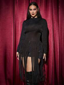 SHEIN SXY Plus Size Tight Fit Long Sleeve Fringe Party T-Shirt Halloween Clothes - Black - View 3