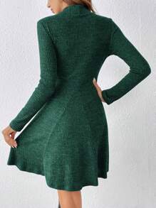 SHEIN Frenchy 女式纯色立领长袖罗纹下摆休闲迷你连衣裙，春秋季 - 綠色 - 查看 2