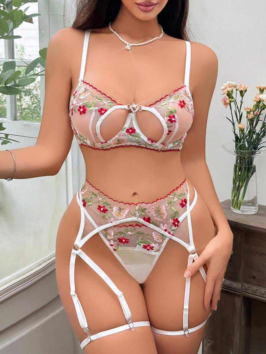 Romantic Floral Embroidery Sheer Knitted Spaghetti Strap Lingerie Set With Garter Belt - Multicolor - View 1