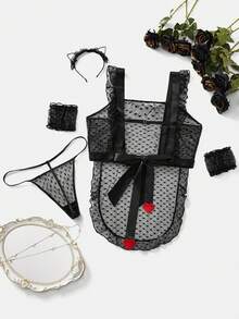 Plus Size Heart Mesh Sheer Lingerie Set - Black - View 2