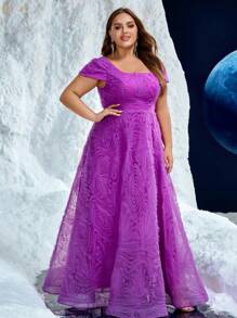 Plus Square Neck Purple Embossed Floral Elegant Multilayered 3D Floral Midi Dress, Wedding Event Dress,Party Dress,Gown,Formal,Evening,Wedding Guest