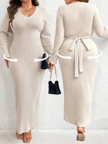 Celure Plus Solid V Neck Ribbed Knit Bodycon Dress Maxi Women Outfit - Apricot - View 1