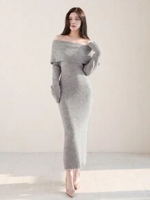 DAZY Women Off-Shoulder Long Knitted Bodycon Sweater Dress, Grey, Spring/Summer/Autumn