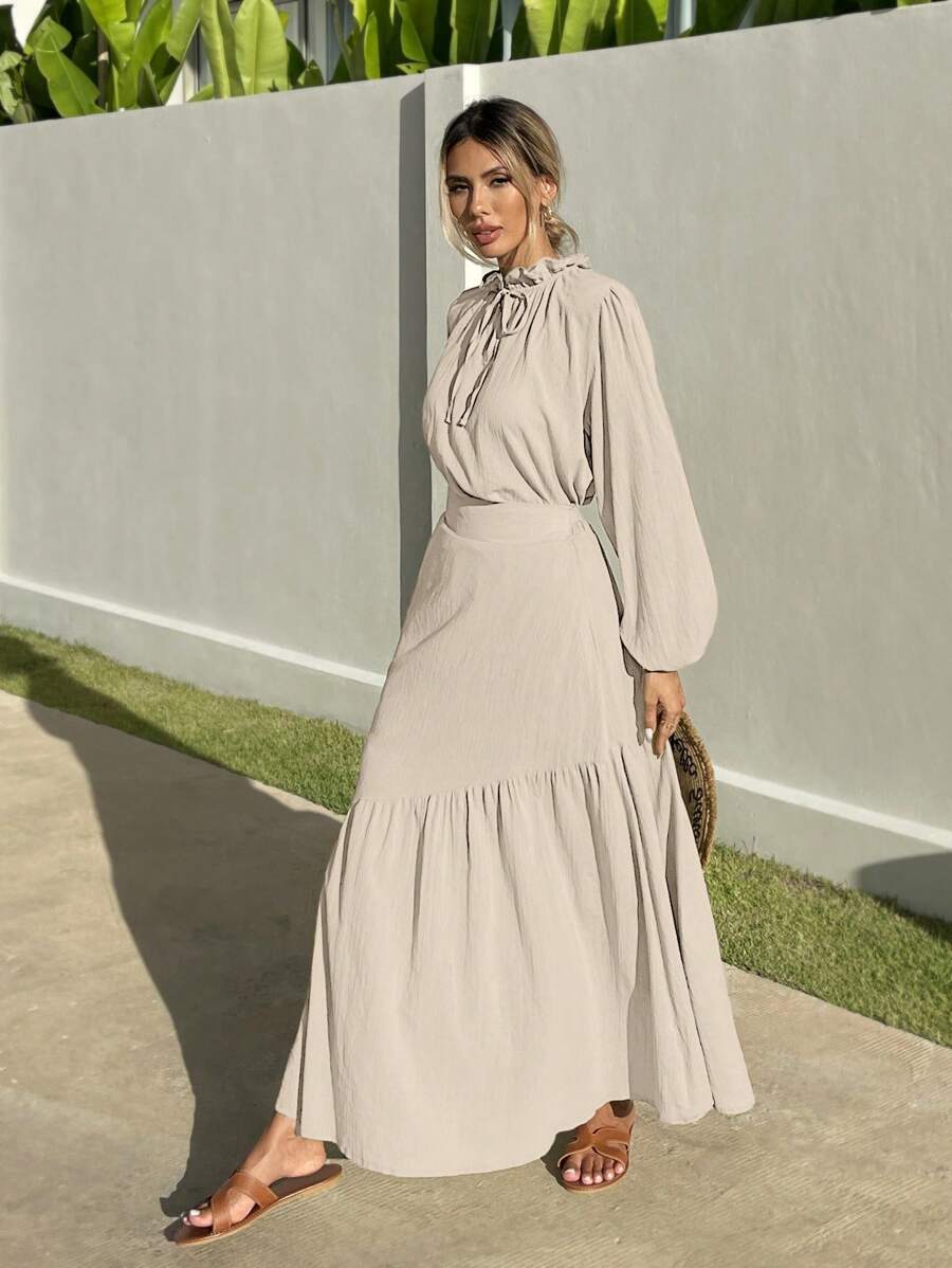 EURMUSE 2pcs Set Woven Ruffle Collar Bishop Sleeve Blouse & Skirt - Beige - View 1