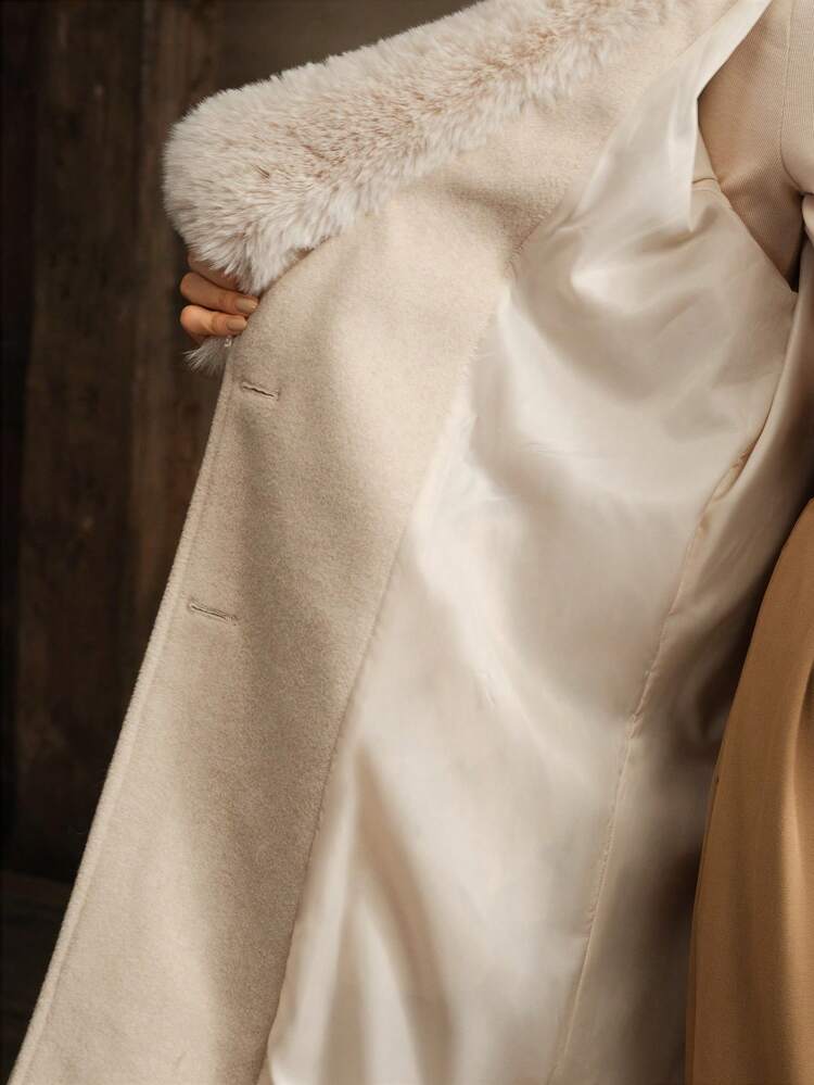 Women's Solid Color Woolen Turndown Collar Waisted Long Sleeve Casual Outwear Coat, Autumn & Winter