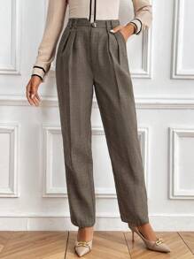 SHEIN Clasi Women's Plaid Print Slant Pocket Fold Pleated Pants, Waist Belt Not Included - Brown - View 3