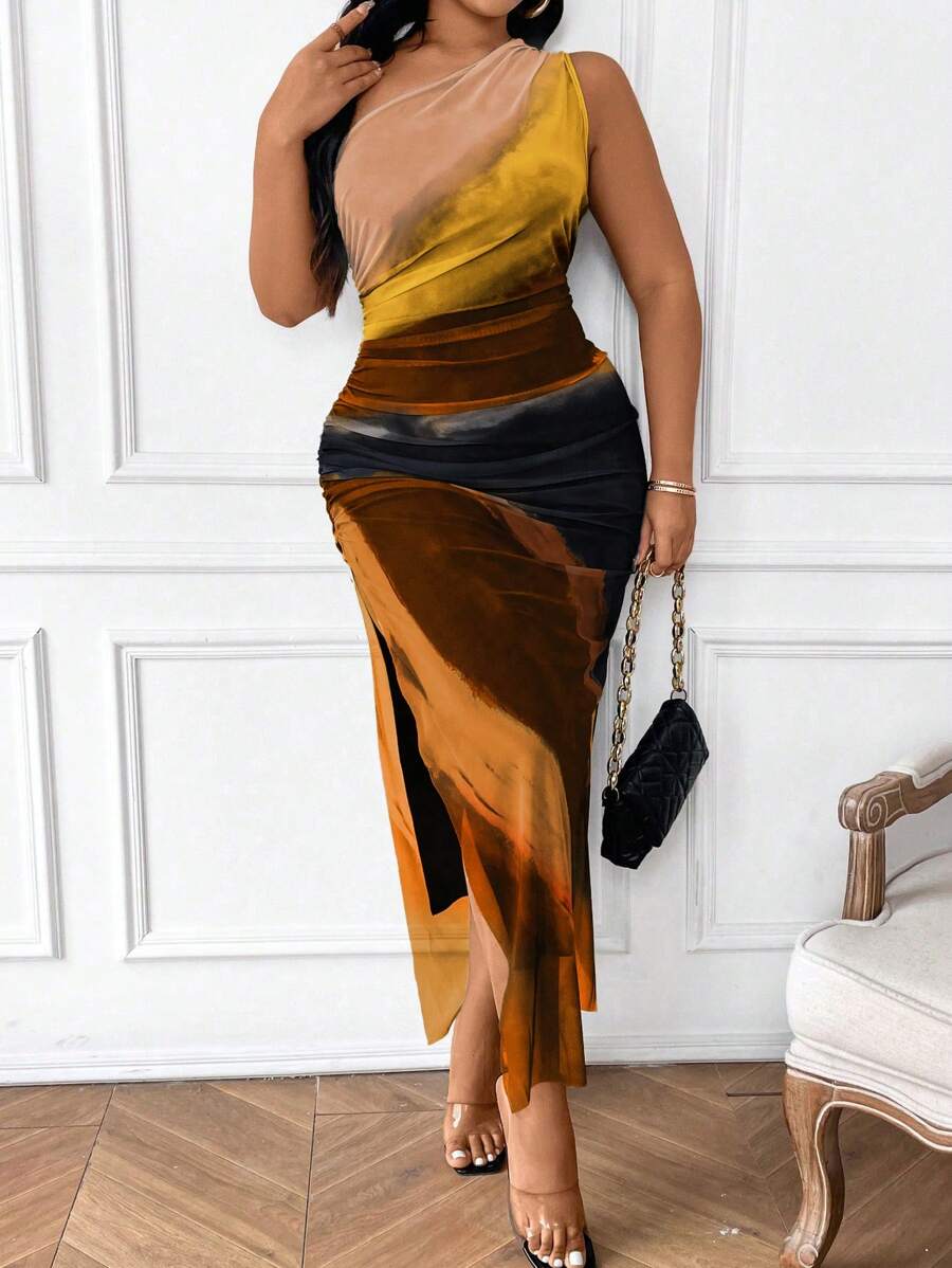 SHEIN Clasi Plus Size Tie-Dye Printed Ruched Asymmetric Neck Slit Thigh Sleeveless Dress Women Outfit, For Summer - Multicolor - View 1