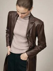 BizChic Women's Elegant Commuter Faux Leather Structured Long Trench Coat, Christmas Outfit - Coffee Brown - View 5