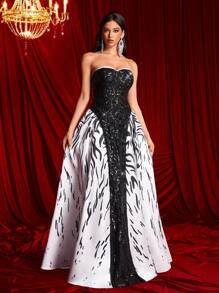 SHEIN Belle Váy dài chữ A in họa tiết ombre bằng vải satin chắp vá màu đen và trắng thanh lịch, phong cách cung điện cho tiệc, đám cưới, vũ hội, váy sự kiện cưới, váy dạ hội trang trọng, cho khách dự tiệc cưới, tốt nghiệp, tiệc tối - Đen và trắng - Xem 5