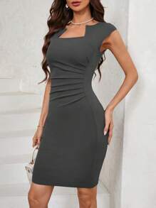 SHEIN Clasi 女士纯色短袖荷叶边修身连衣裙，夏季 - 灰色 - 查看 6