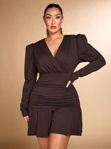 SHEIN BAE Abito mini con maniche a palloncino, scollo a V profondo, arricciato e avvolgente, orlo arricciato, adatto per donne taglia grande, elegante e dolce, per l'autunno, abito stile fairy core