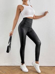 SHEIN Privé 女士高腰豹纹紧身裤 - 黑色 - 查看 6