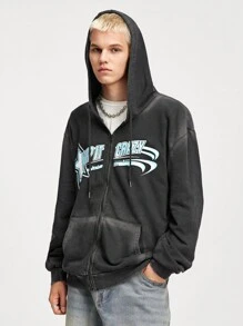 ROMWE MEN Prep Men's Spring And Autumn Casual Star Letter Print Zip-Up Hoodie - Black - View 1