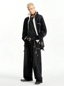 NEON BLANC Men's Distressed Denim Long Sleeve Shirt, Casual Street Style - Black - View 1