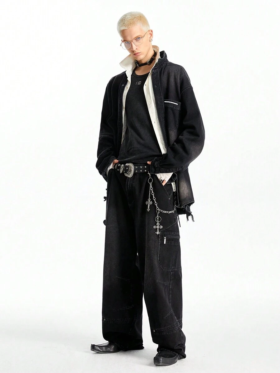 NEON BLANC Men's Distressed Denim Long Sleeve Shirt, Casual Street Style - Black - View 1