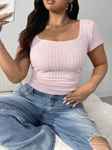 SHEIN EZwear 罗纹修身基本款 T 恤，加大码